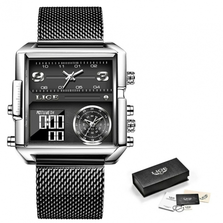 Ceas barbatesc Lige Quartz Analog Digital Otel inoxidabil Lumina fundal Negru [1]