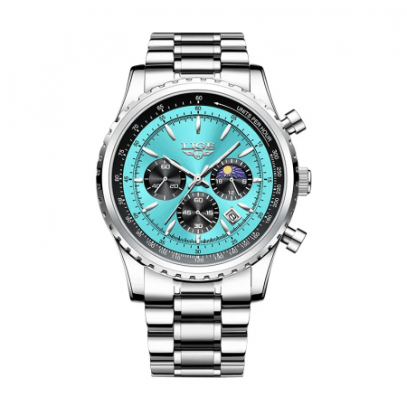 Ceas barbatesc Lige Quartz Analog Data Cronograf Otel inoxidabil Argintiu Albastru [0]
