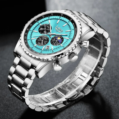 Ceas barbatesc Lige Quartz Analog Data Cronograf Otel inoxidabil Argintiu Albastru [1]