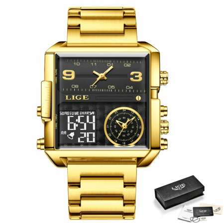 Ceas barbatesc Lige Quartz Analog Digital Otel inoxidabil Auriu Alarma [6]