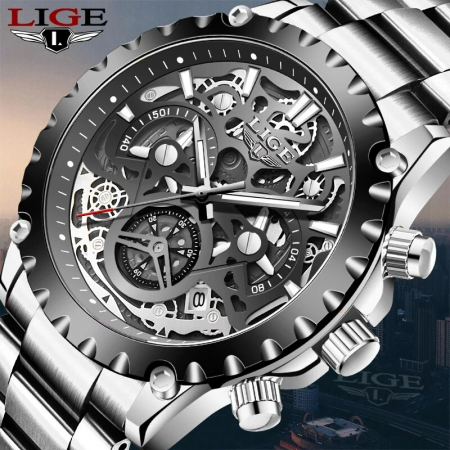 Ceas barbatesc Lige Quartz Sekelton Business Otel inoxidabil Elegant Data Argintiu [5]