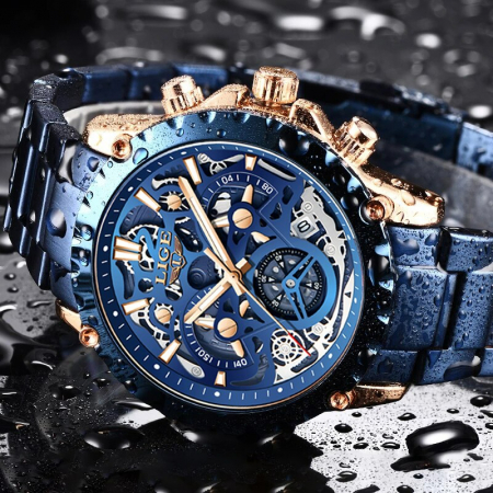 Ceas barbatesc Lige Quartz Sekelton Business Otel inoxidabil Elegant Data Albastru [1]