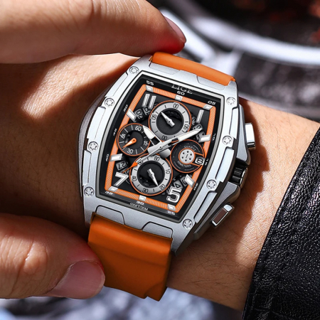 Ceas barbati Lige Portocaliu argintiu Cronograf Cronometru Quartz Analog Silicon Sport [1]