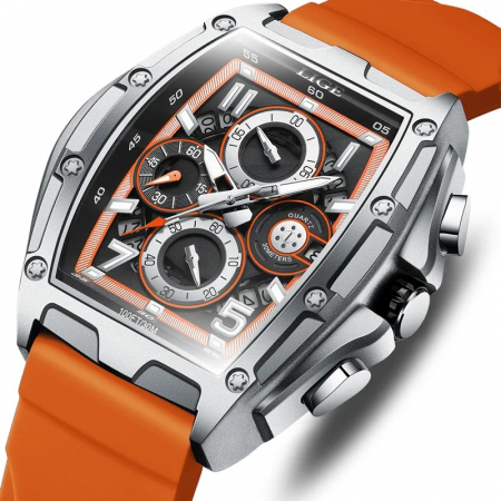 Ceas barbati Lige Portocaliu argintiu Cronograf Cronometru Quartz Analog Silicon Sport [0]