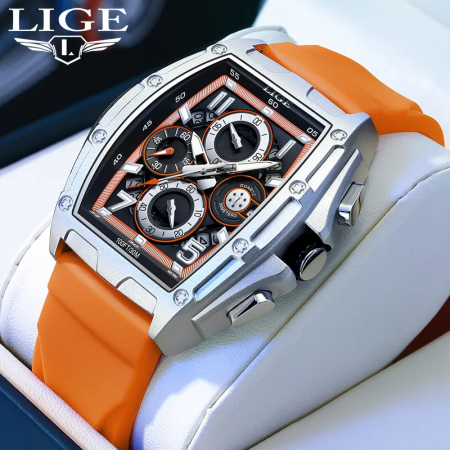 Ceas barbati Lige Portocaliu argintiu Cronograf Cronometru Quartz Analog Silicon Sport [2]