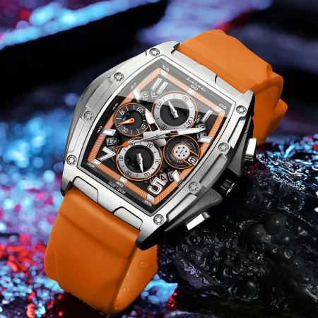 Ceas barbati Lige Portocaliu argintiu Cronograf Cronometru Quartz Analog Silicon Sport [5]