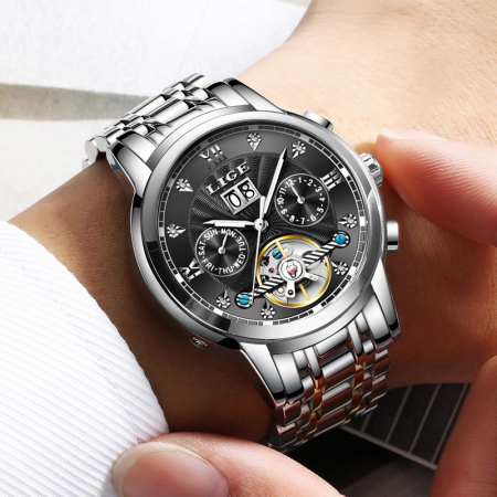 Ceas barbatesc mecanic automatic Lige Data Skeleton Argintiu [1]