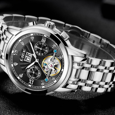 Ceas barbatesc mecanic automatic Lige Data Skeleton Argintiu [2]