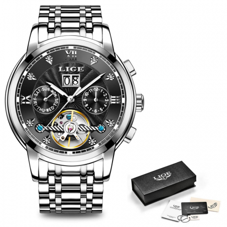 Ceas barbatesc mecanic automatic Lige Data Skeleton Argintiu [3]