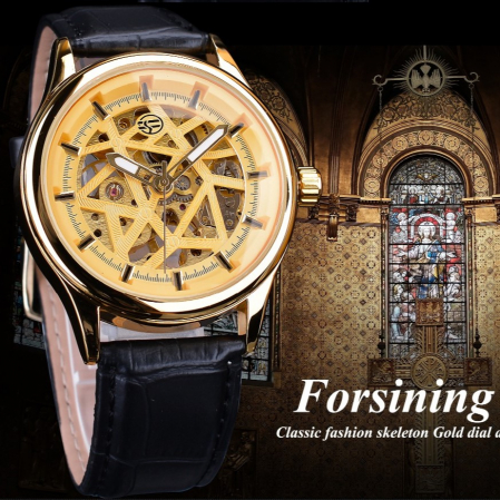 Ceas barbatesc Forsining Mecanic Automatic Auriu Skeleton Piele Business Elegant [2]