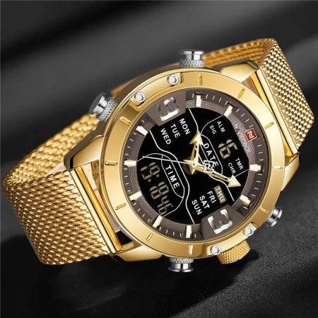Ceas barbatesc Naviforce Business Otel Bratara reglabila Auriu Quartz Analog Digital [5]