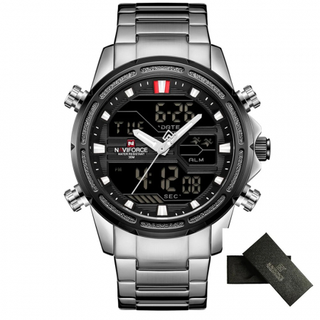 Ceas barbatesc Naviforce Cronograf Alarma Lumina fundal Digital Quartz Argintiu [3]