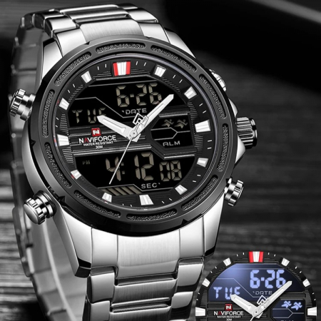 Ceas barbatesc Naviforce Cronograf Alarma Lumina fundal Digital Quartz Argintiu [2]