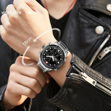 Ceas barbatesc Naviforce Cronograf Alarma Lumina fundal Digital Quartz Argintiu [4]