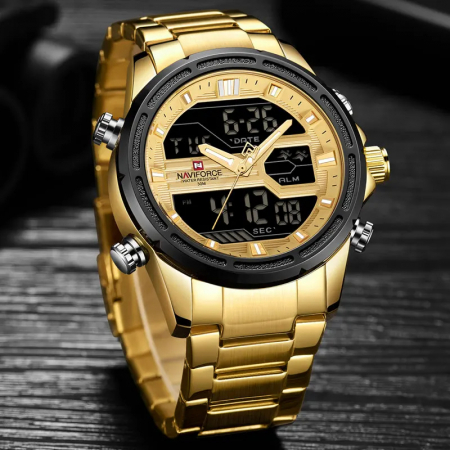 Ceas barbatesc Naviforce Cronograf Alarma Lumina fundal Digital Quartz Auriu [3]
