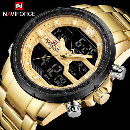Ceas barbatesc Naviforce Cronograf Alarma Lumina fundal Digital Quartz Auriu [1]