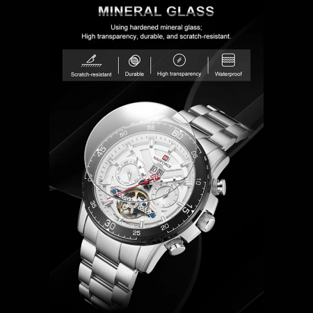Ceas barbatesc Naviforce Mecanic automatic 10 ATM Rezistent la scufundari Data Otel Argintiu [5]
