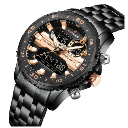 Ceasuri barbatesti - Ceas Bărbătesc NAVIFORCE NF9234 Black Gold Quartz Digital-Analog, Waterproof 3ATM, Brățară Oțel Inoxidabil
