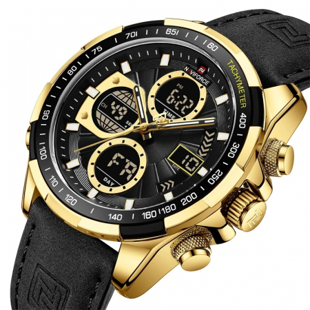 Ceas barbatesc Naviforce Quartz Digital Luxury Militar Piele Negru Auriu [1]