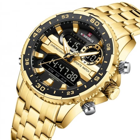 Ceas barbatesc Naviforce Quartz Dual Time Luxury Militar Otel Auriu [1]