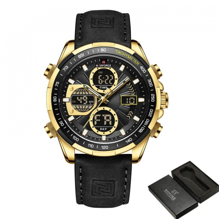 Ceas barbatesc Naviforce Quartz Digital Luxury Militar Piele Negru Auriu [3]