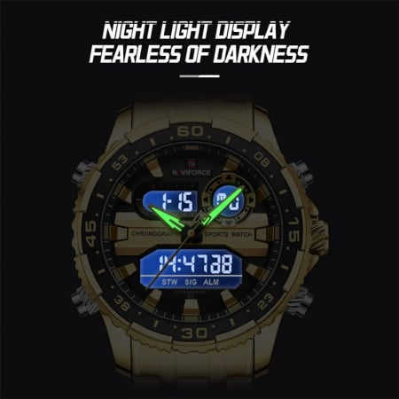 Ceas barbatesc Naviforce Quartz Dual Time Luxury Militar Otel Auriu [3]