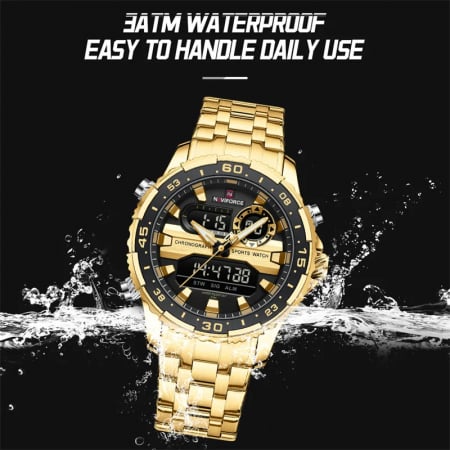 Ceas barbatesc Naviforce Quartz Dual Time Luxury Militar Otel Auriu [2]