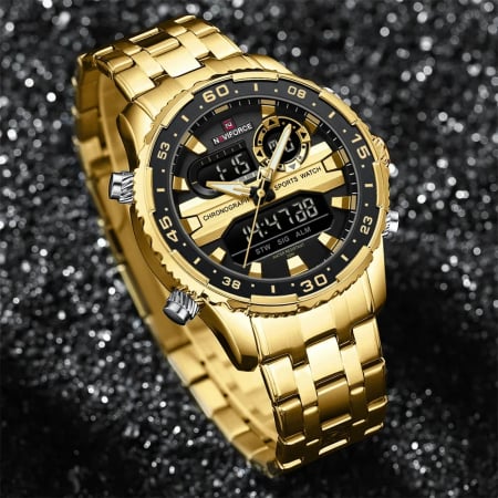 Ceas barbatesc Naviforce Quartz Dual Time Luxury Militar Otel Auriu [6]