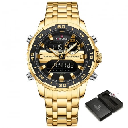 Ceas barbatesc Naviforce Quartz Dual Time Luxury Militar Otel Auriu [8]