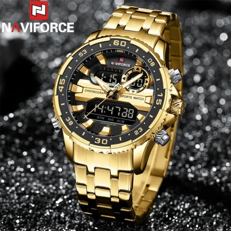 Ceas barbatesc Naviforce Quartz Dual Time Luxury Militar Otel Auriu [5]