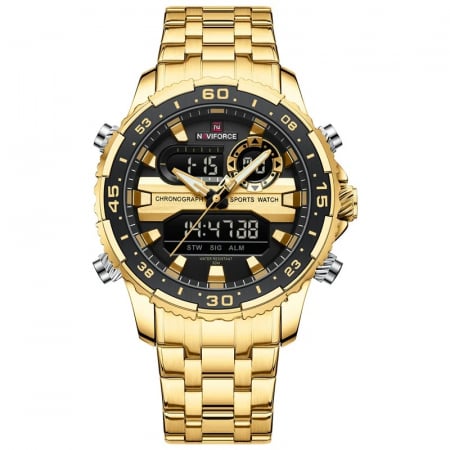 Ceasuri barbatesti - Ceas barbatesc Naviforce Quartz Dual Time Luxury Militar Otel Auriu