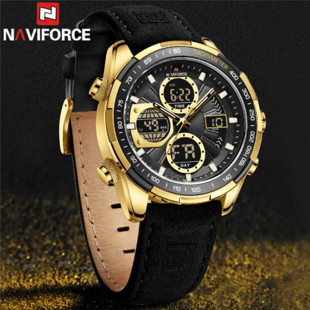 Ceas barbatesc Naviforce Quartz Digital Luxury Militar Piele Negru Auriu [2]