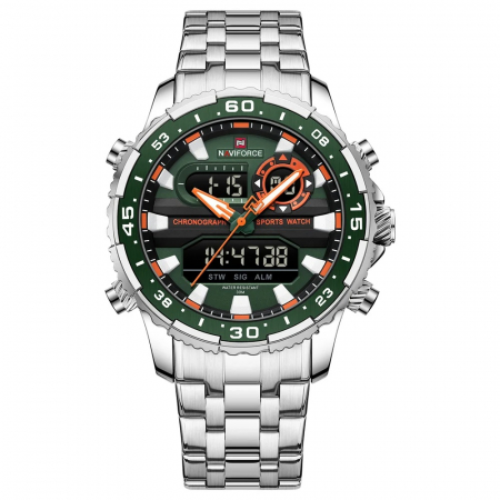 Ceasuri barbatesti - Ceas barbatesc Naviforce Dual Alarma Time Data Luxury Militar Otel Argintiu Verde
