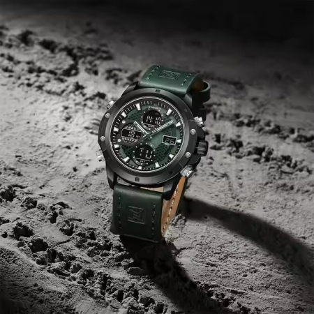 Ceas barbatesc Naviforce Quartz Dual Time Data Alarma Sport Army Militar Piele naturala Verde [4]