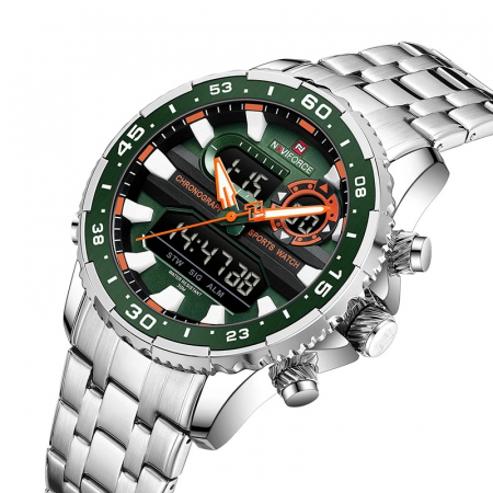 Ceas barbatesc Naviforce Dual Alarma Time Data Luxury Militar Otel Argintiu Verde [1]