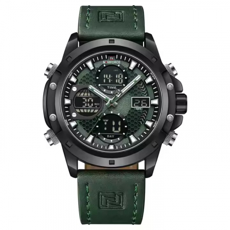 Ceas barbatesc Naviforce Quartz Dual Time Data Alarma Sport Army Militar Piele naturala Verde [0]