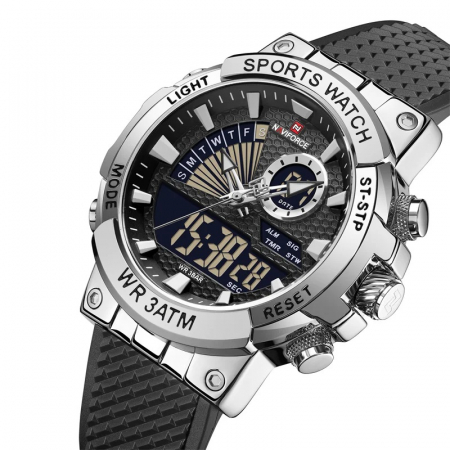Ceas barbatesc Naviforce Quartz Dual Time Alarma Data Sport Army Militar Silicon Negru Argintiu [1]