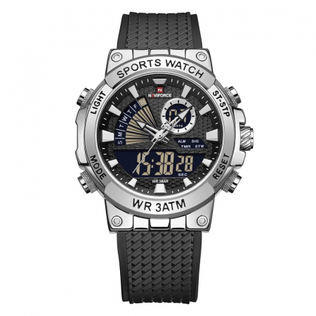 Ceas barbatesc Naviforce Quartz Dual Time Alarma Data Sport Army Militar Silicon Negru Argintiu [0]