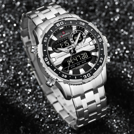 Ceas barbatesc Naviforce Quartz Dual Time Data Alarma Luxury Militar Otel Argintiu [3]
