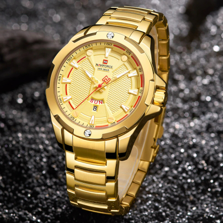 Ceas barbatesc Naviforce Quartz japonez Analog Otel Data Auriu [5]