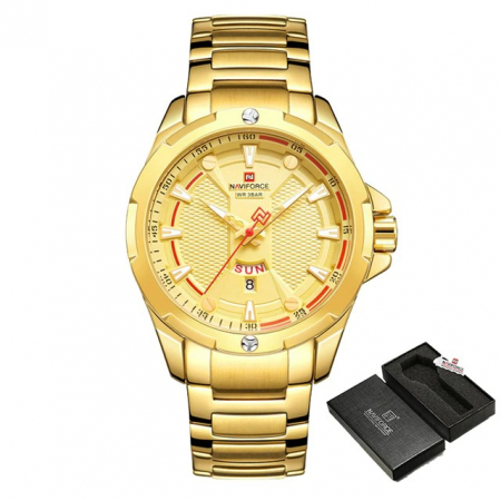 Ceas barbatesc Naviforce Quartz japonez Analog Otel Data Auriu [4]
