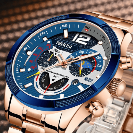 Ceas barbatesc Nibosi Business Otel Elegant Quartz Analog Indici luminosi Cronograf Auriu [4]