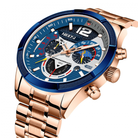Ceas barbatesc Nibosi Business Otel Elegant Quartz Analog Indici luminosi Cronograf Auriu [3]
