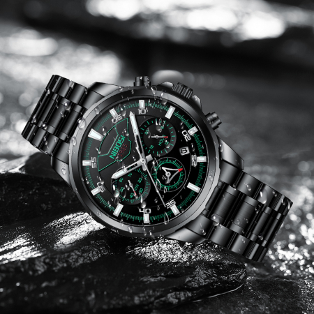 Ceas barbatesc Nibosi Cronograf Otel Analog Quartz Negru [4]