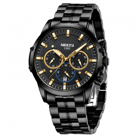 Ceas barbatesc Nibosi Data Quartz Analog Cronograf Otel Negru [0]