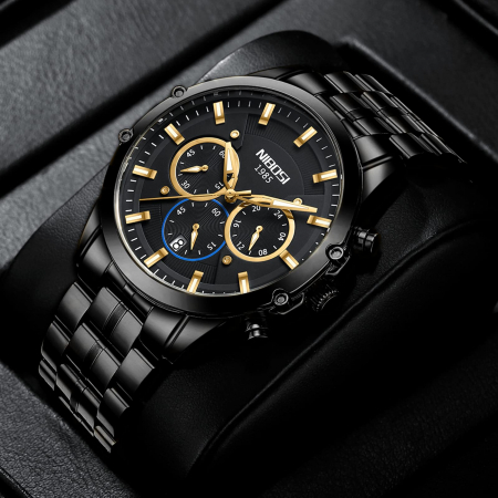 Ceas barbatesc Nibosi Data Quartz Analog Cronograf Otel Negru [2]