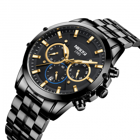 Ceas barbatesc Nibosi Data Quartz Analog Cronograf Otel Negru [1]