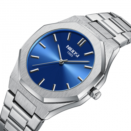 Ceas barbatesc Nibosi Elegant Quartz Otel Analog Argintiu albastru [3]