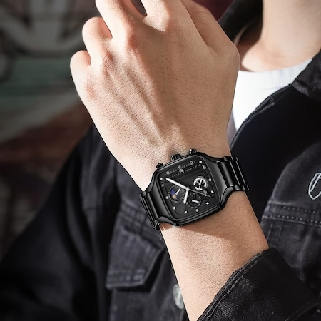 Ceas barbatesc Nibosi Elegant Negru Otel inoxidabil Quartz Analog Patrat [7]