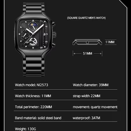 Ceas barbatesc Nibosi Elegant Negru Otel inoxidabil Quartz Analog Patrat [5]